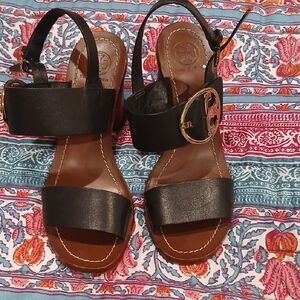 Tory Burch Black Leather Slingback Sandals with Gold Logo Buckle
